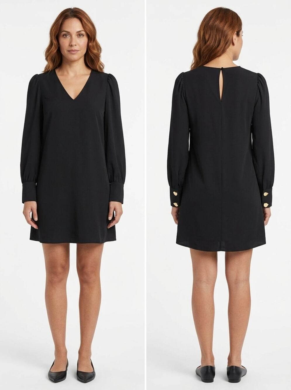 Express Black V-Neck Long Sleeve Gold Button Cuff Shift Dress Women Size XS
